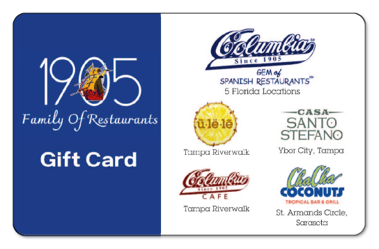 "1905 Family Of Restaurants Gift Card" on left half of card over blue background, all 5 Florida locations featured on right