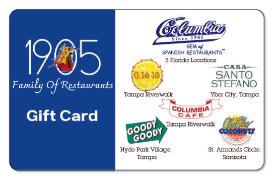 "1905 Family Of Restaurants Gift Card" on left half of card over blue background, all 5 Florida locations featured on right